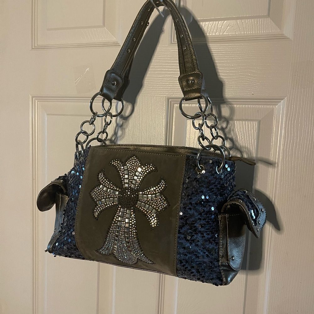Stylish Blue &Silver Rhinestones cross embroidery & sequins metallic gray Bag